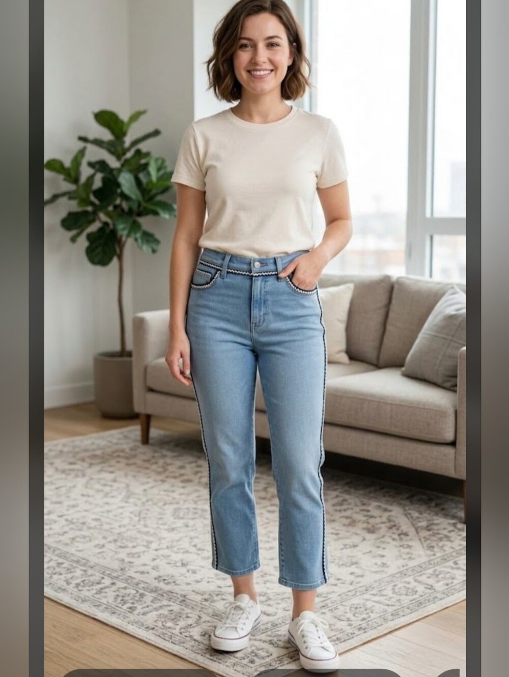 TORY BURCH - JODIE STRAIGHT CUT PANTWomen's Light Blue Side-Trim High-Rise Jeans